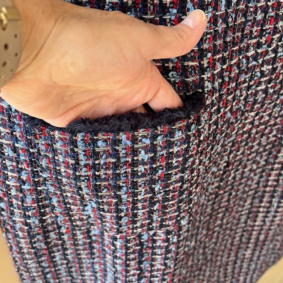 Talbots 14W Petite Sheath Tweed Dress Navy Red Frayed Hem Front Pockets MCM - Picture 4 of 10